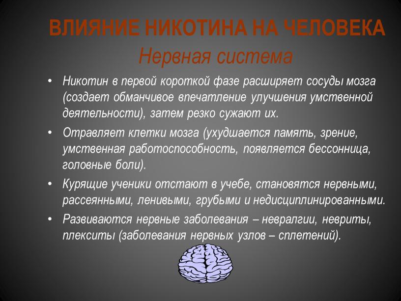 Нервная система Никотин в первой короткой фазе расширяет сосуды мозга (создает обманчивое впечатление улучшения умственной деятельности), затем резко сужают их