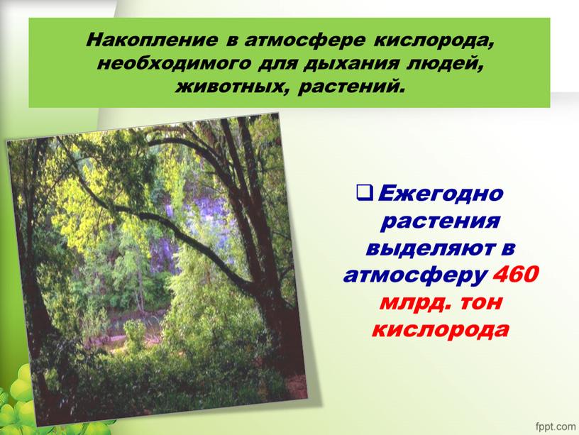 Накопление в атмосфере кислорода, необходимого для дыхания людей, животных, растений