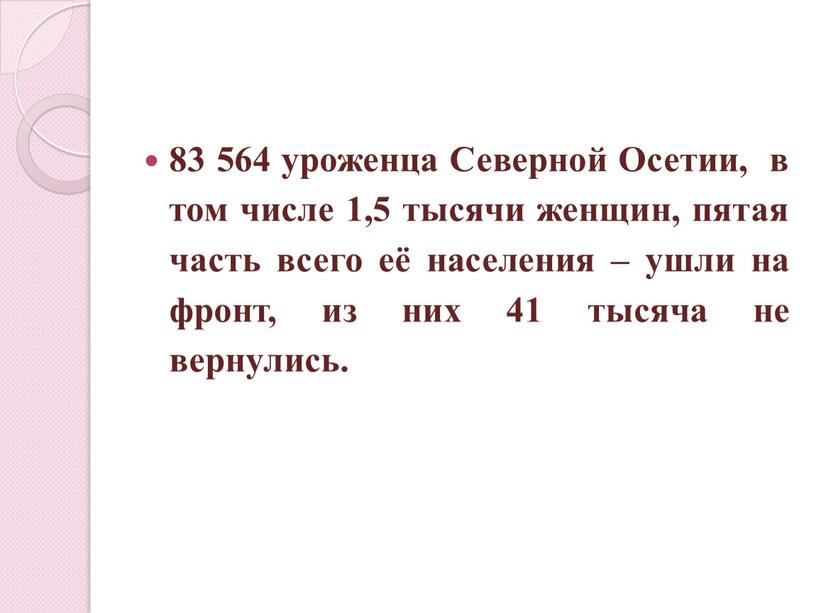 Северной Осетии, в том числе 1,5 тысячи женщин, пятая часть всего её населения – ушли на фронт, из них 41 тысяча не вернулись