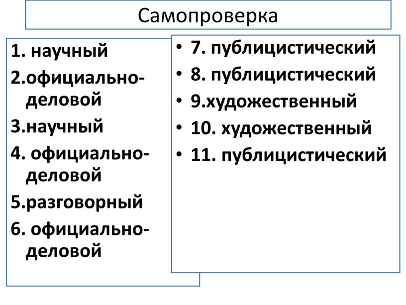 Самопроверка 1. научный 2.официально-деловой 3