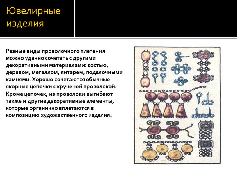 Ювелирные изделия Разные виды проволочного плетения можно удачно сочетать с другими декоративными материалами: костью, деревом, металлом, янтарем, поделочными камнями