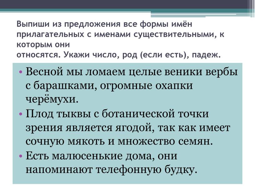 Выпиши из предложения все формы имён прилагательных с именами существительными, к которым они относятся