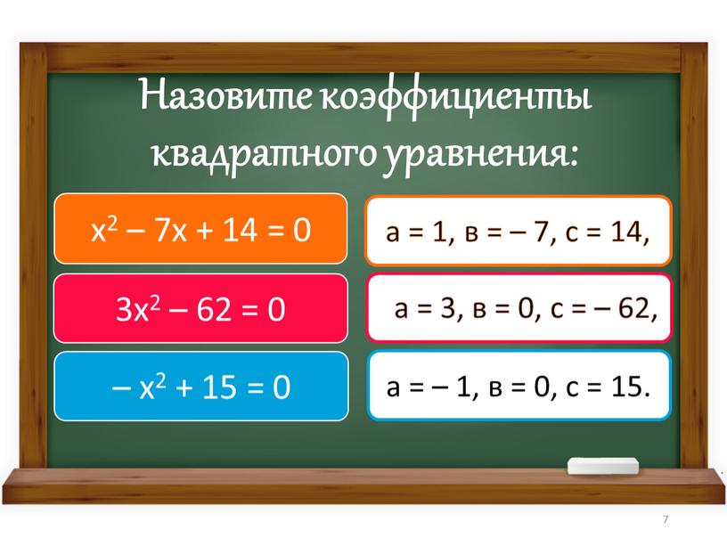 Назовите коэффициенты квадратного уравнения: х2 – 7х + 14 = 0 3х2 – 62 = 0 – х2 + 15 = 0 а = 1,…