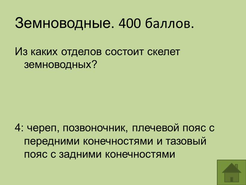 Земноводные. 400 баллов. Из каких отделов состоит скелет земноводных? 4: череп, позвоночник, плечевой пояс с передними конечностями и тазовый пояс с задними конечностями