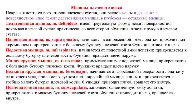 Мышцы плечевого пояса Покрывая почти со всех сторон плечевой сустав, они расположены в два слоя: в поверхностном слое лежит дельтовидная мышца; в глубоком — остальные…