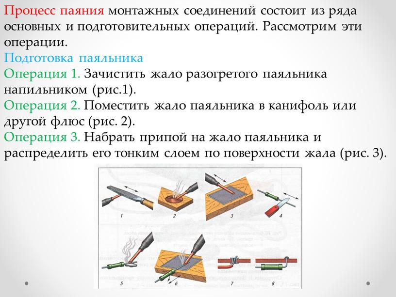 Процесс паяния монтажных соединений состоит из ряда основных и подготовительных операций