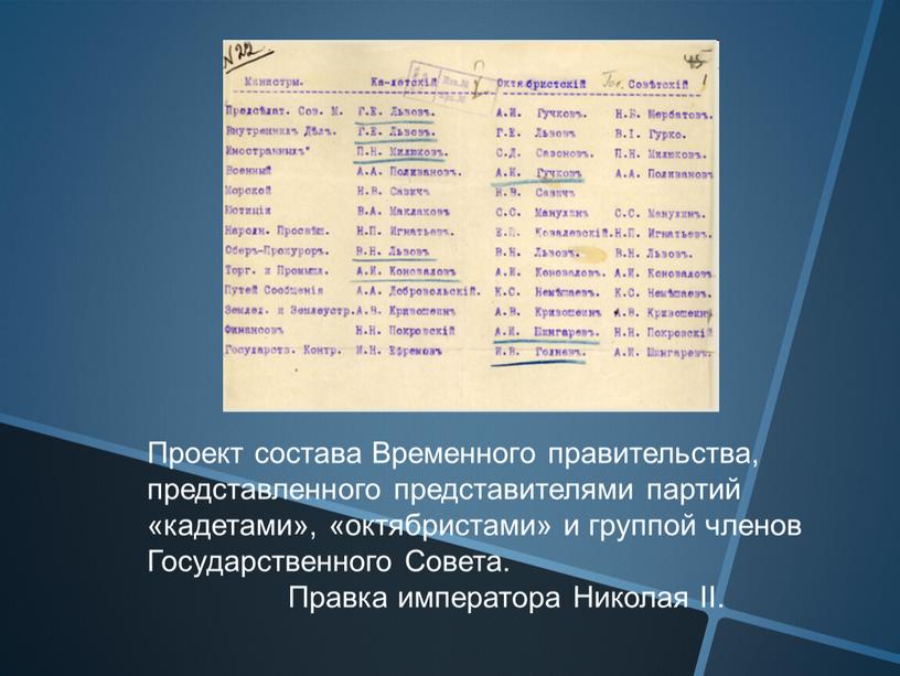 Проект состава Временного правительства, представленного представителями партий «кадетами», «октябристами» и группой членов