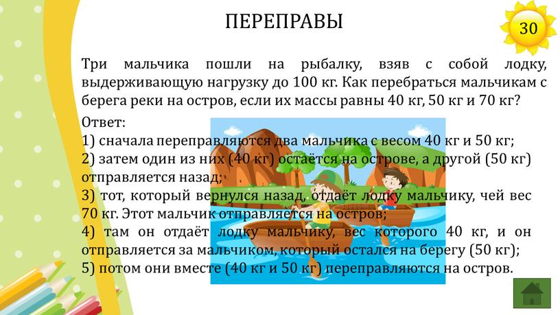 Три мальчика пошли на рыбалку, взяв с собой лодку, выдерживающую нагрузку до 100 кг