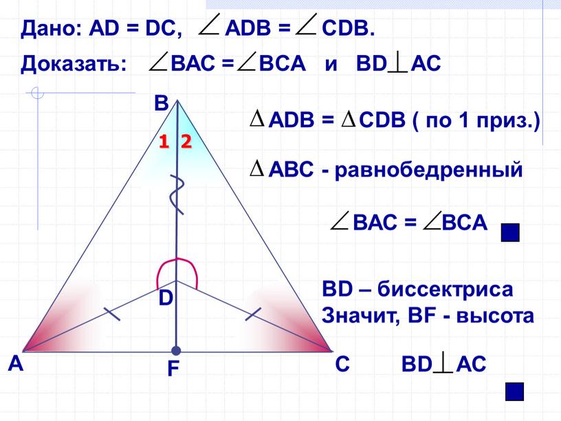 В А ВD – биссектриса Значит, ВF - высота