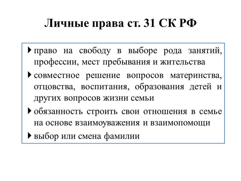 Личные права ст. 31 СК РФ право на свободу в выборе рода занятий, профессии, мест пребывания и жительства совместное решение вопросов материнства, отцовства, воспитания, образования…