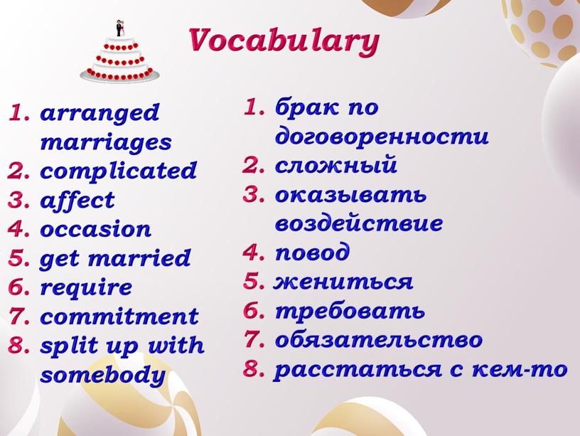 Vocabulary arranged marriages complicated affect occasion get married require commitment split up with somebody брак по договоренности сложный оказывать воздействие повод жениться требовать обязательство расстаться…