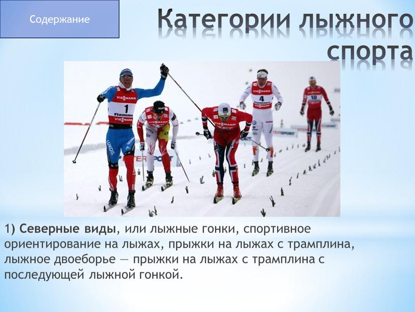 Категории лыжного спорта 1 ) Северные виды , или лыжные гонки, спортивное ориентирование на лыжах, прыжки на лыжах с трамплина, лыжное двоеборье — прыжки на…