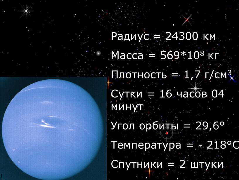 Радиус = 24300 км Масса = 569*108 кг