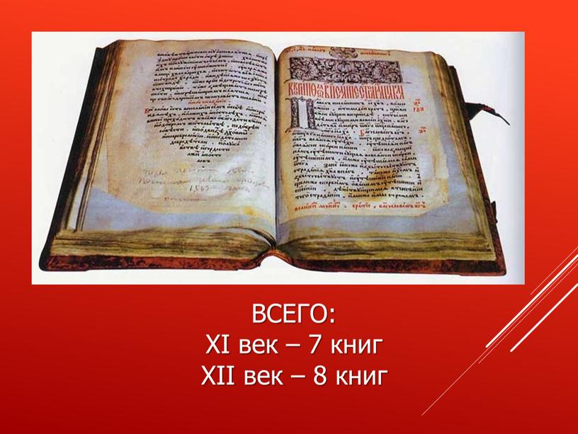 ВСЕГО: XI век – 7 книг XII век – 8 книг