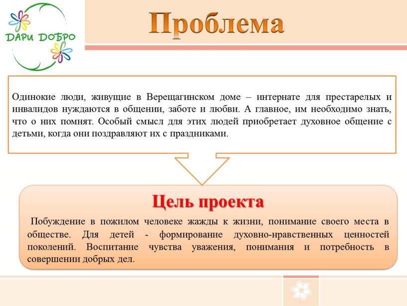 Проблема Цель проекта Побуждение в пожилом человеке жажды к жизни, понимание своего места в обществе