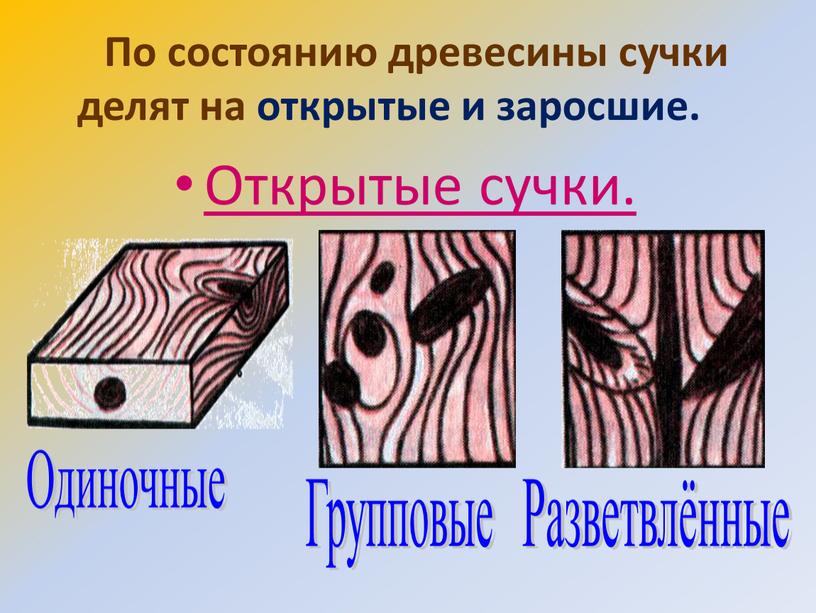 По состоянию древесины сучки делят на открытые и заросшие