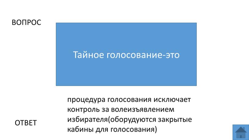 ВОПРОС Тайное голосование-это ОТВЕТ процедура голосования исключает контроль за волеизъявлением избирателя(оборудуются закрытые кабины для голосования)