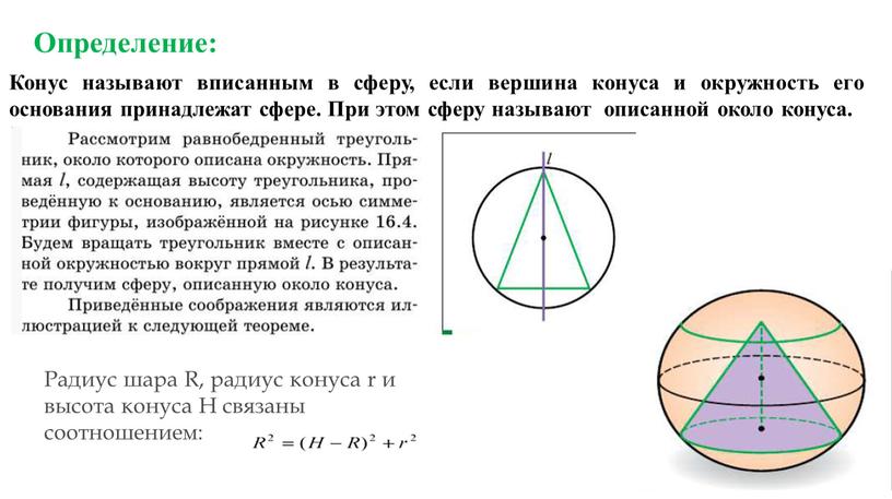 Определение: Конус называют вписанным в сферу, если вершина конуса и окружность его основания принадлежат сфере
