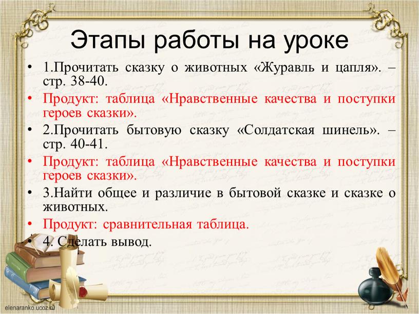 Этапы работы на уроке 1.Прочитать сказку о животных «Журавль и цапля»