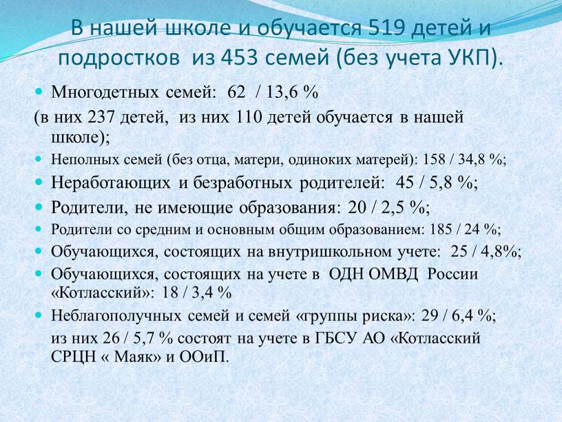 В нашей школе и обучается 519 детей и подростков из 453 семей (без учета