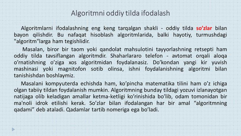 Algoritmni oddiy tilda ifodalash