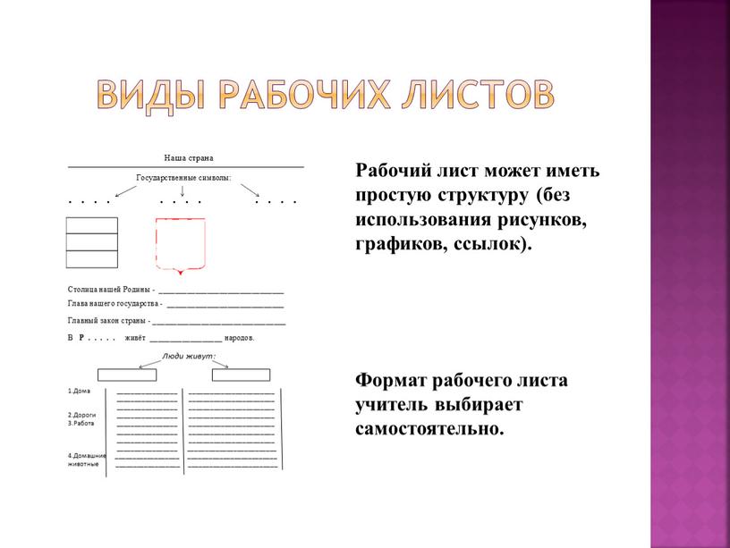 Виды рабочих листов Рабочий лист может иметь простую структуру (без использования рисунков, графиков, ссылок)