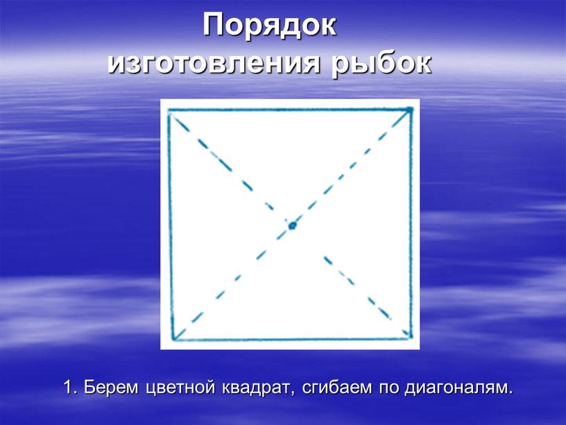 Порядок изготовления рыбок 1. Берем цветной квадрат, сгибаем по диагоналям