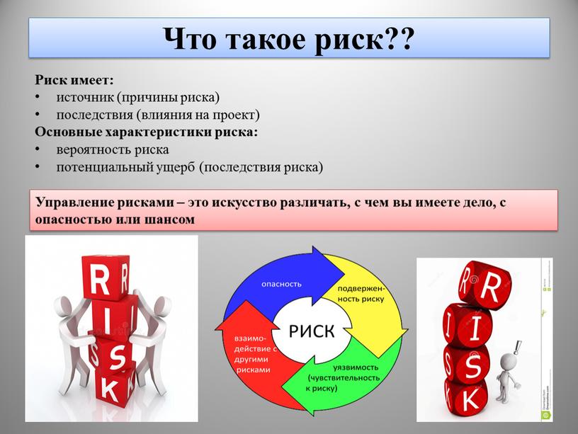 Что такое риск?? Риск имеет: источник (причины риска) последствия (влияния на проект)