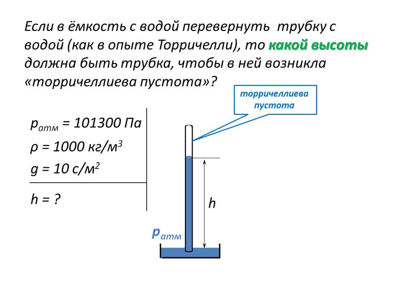 Если в ёмкость с водой перевернуть трубку с водой (как в опыте