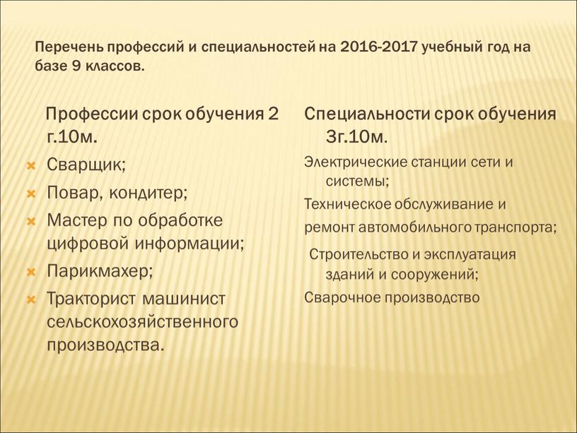 Перечень профессий и специальностей на 2016-2017 учебный год на базе 9 классов