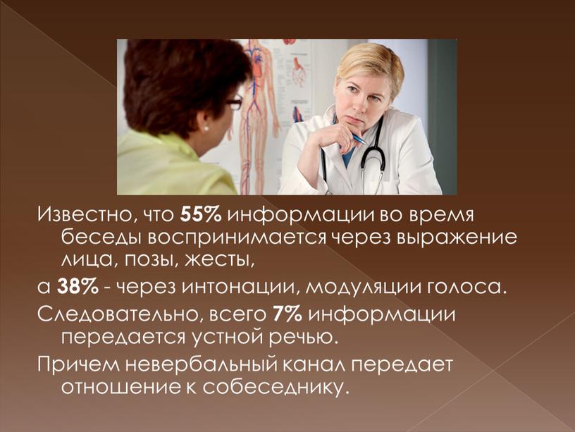 Известно, что 55% информации во время беседы воспринимается через выражение лица, позы, жесты, а 38% - через интонации, модуляции голоса