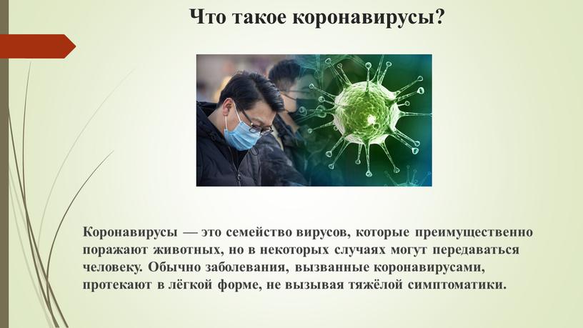 Что такое коронавирусы? Коронавирусы — это семейство вирусов, которые преимущественно поражают животных, но в некоторых случаях могут передаваться человеку