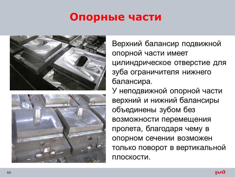 Опорные части Верхний балансир подвижной опорной части имеет цилиндрическое отверстие для зуба ограничителя нижнего балансира