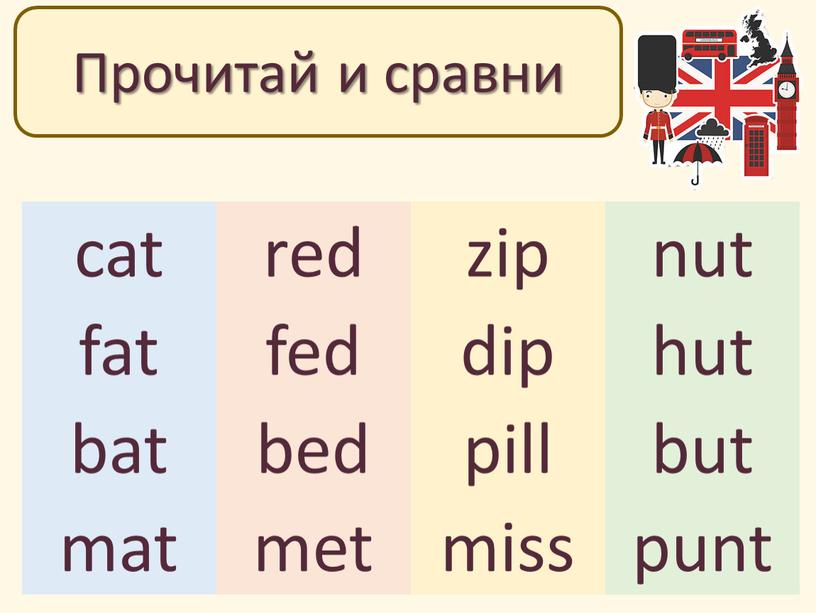 Прочитай и сравни cat red zip nut fat fed dip hut bat bed pill but mat met miss punt