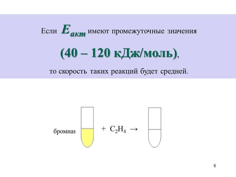 Если Еакт имеют промежуточные значения (40 – 120 кДж/моль) , то скорость таких реакций будет средней