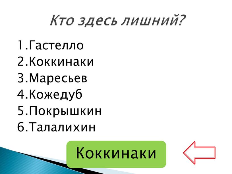 Гастелло 2.Коккинаки 3.Маресьев 4