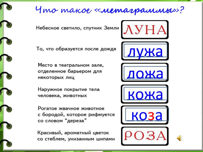 Что такое « метаграммы »? лужа ложа кожа коза