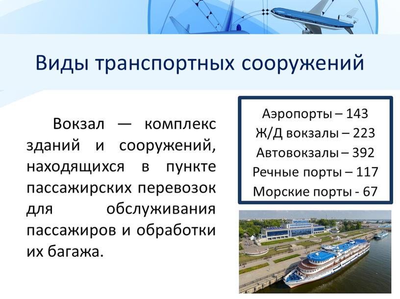 Виды транспортных сооружений Вокзал — комплекс зданий и сооружений, находящихся в пункте пассажирских перевозок для обслуживания пассажиров и обработки их багажа