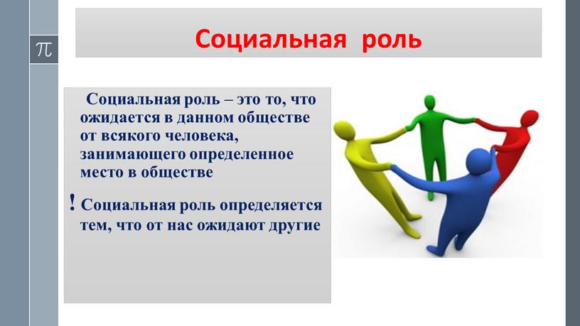 Социальная роль Социальная роль – это то, что ожидается в данном обществе от всякого человека, занимающего определенное место в обществе !