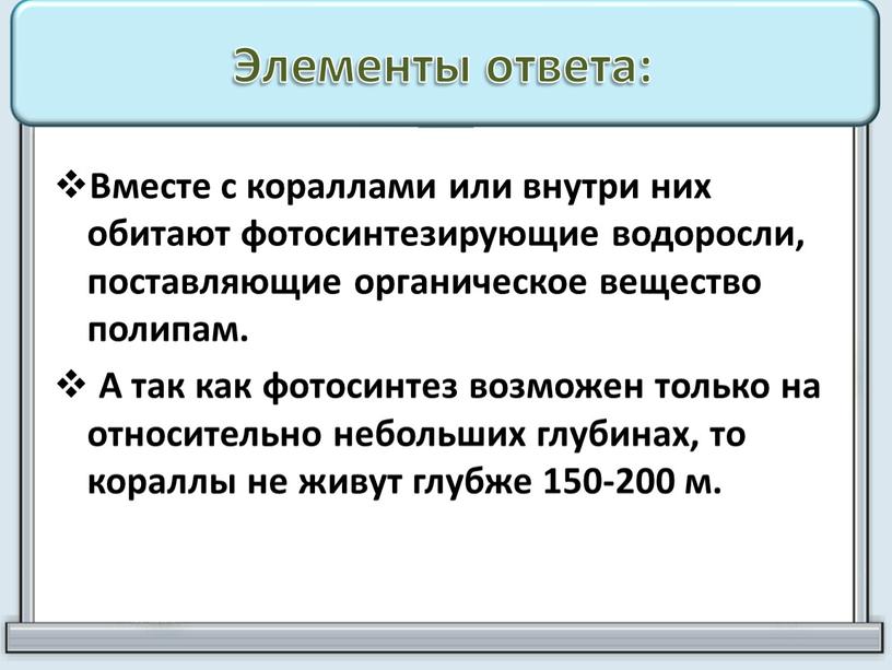 Элементы ответа: Вместе с кораллами или внутри них обитают фотосинтезирующие водоросли, поставляющие органическое вещество полипам