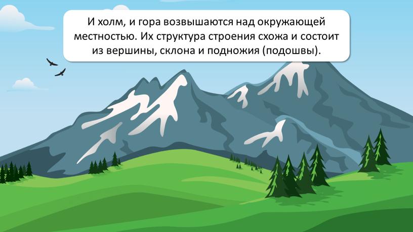 Горы - это очень неровные участки земной поверхности, которые сильно возвышаются над окружающей местностью