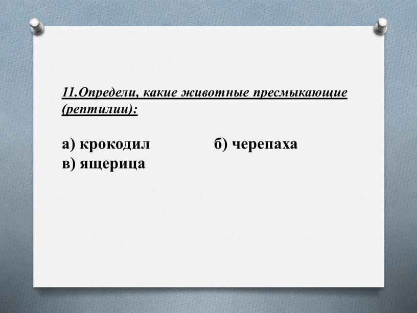 Определи, какие животные пресмыкающие (рептилии): а) крокодил б) черепаха в) ящерица