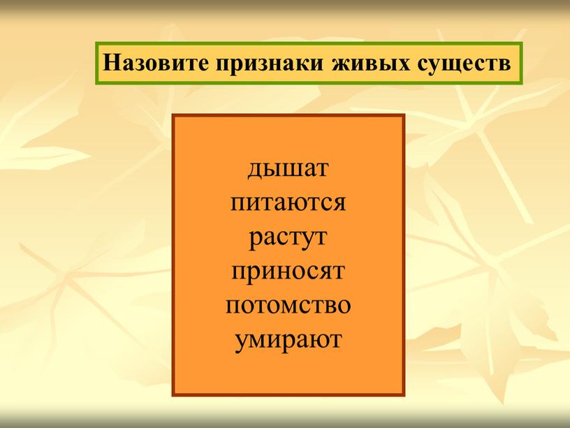 Назовите признаки живых существ дышат питаются растут приносят потомство умирают