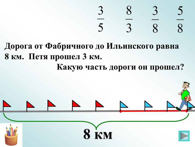 Дорога от Фабричного до Ильинского равна 8 км