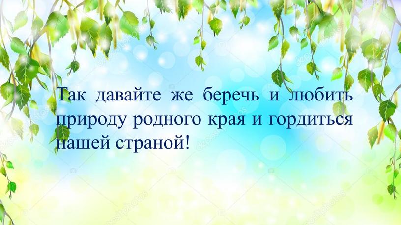 Так давайте же беречь и любить природу родного края и гордиться нашей страной!