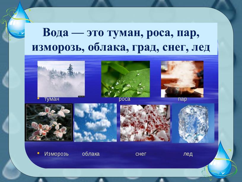 Вода — это туман, роса, пар, изморозь, облака, град, снег, лед