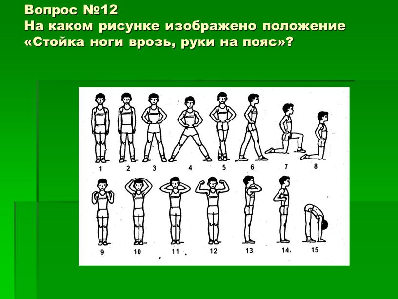 Вопрос №12 На каком рисунке изображено положение «Стойка ноги врозь, руки на пояс»?