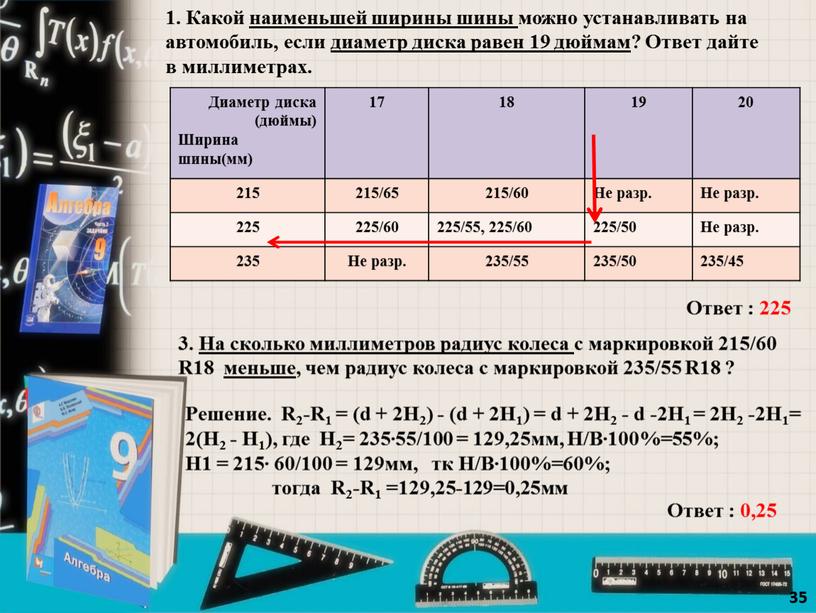 Какой наименьшей ширины шины можно устанавливать на автомобиль, если диаметр диска равен 19 дюймам?