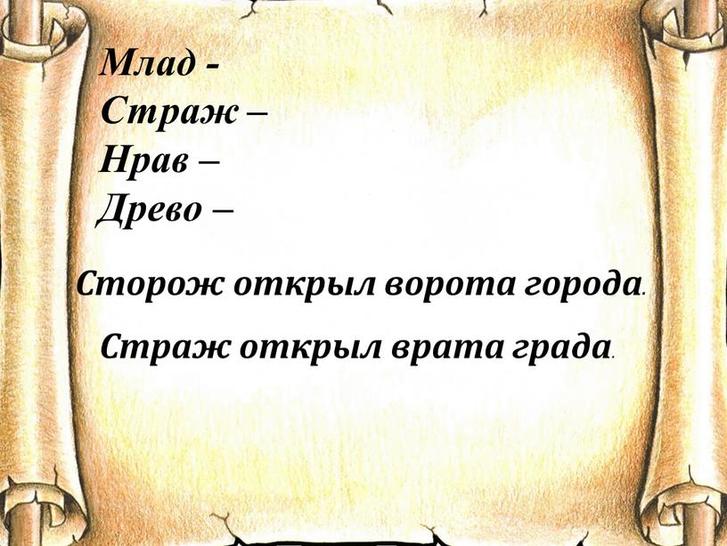 Млад - Страж – Нрав – Древо – Сторож открыл ворота города