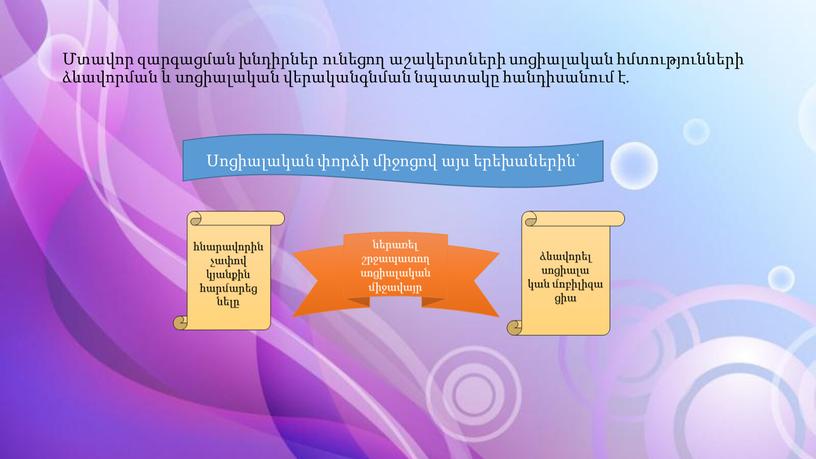 Մտավոր զարգացման խնդիրներ ունեցող աշակերտների սոցիալական հմտությունների ձևավորման և սոցիալական վերականգնման նպատակը հանդիսանում է. Սոցիալական փորձի միջոցով այս երեխաներին՝ հնարավորին չափով կյանքին հարմարեց նելը ներառել…